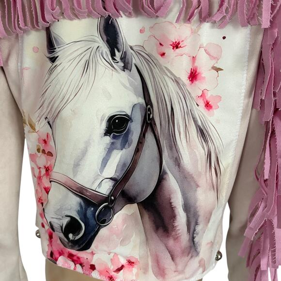 Upcycled by Me Blush Faux Leather Fringe Jacket Horse Graphic Western Coquette - Picture 2 of 10